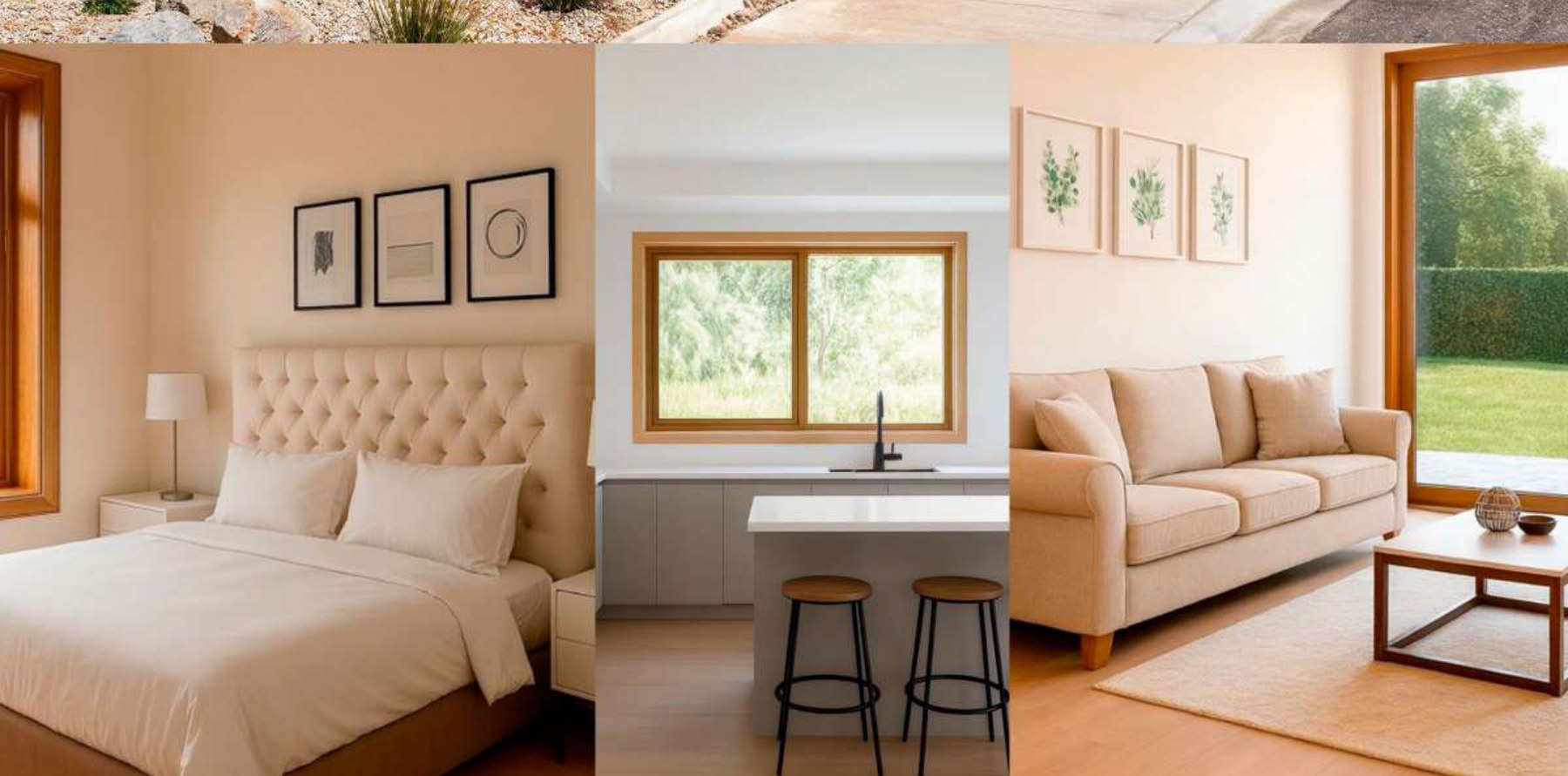 Interiores del modelo Mediterránea, 1 piso 179 m²: living, comedor y dormitorios