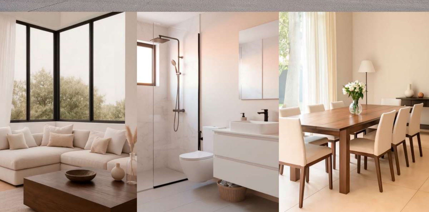 Interiores del modelo Mediterránea, 2 pisos 179 m²: living, comedor y dormitorios