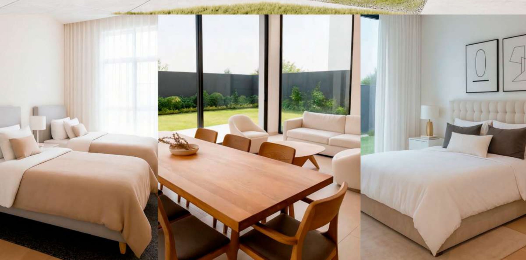 Interiores del modelo Mediterránea 182 m²: living, comedor y dormitorios